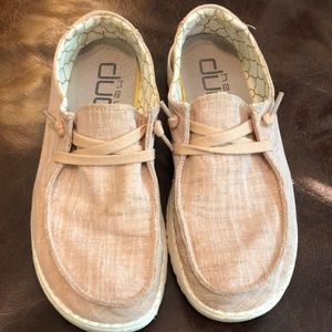 Metallic sparkly pink Hey Dude slip on shoes